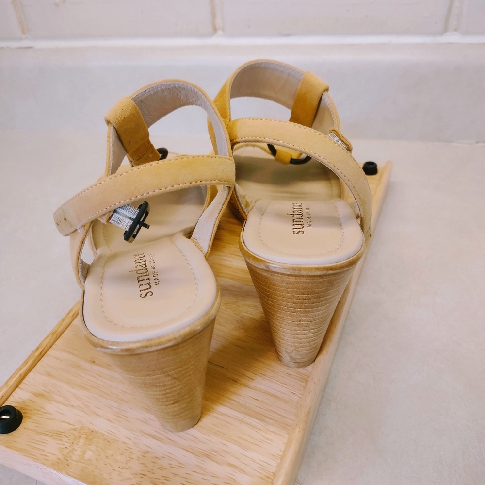 SUNDANCE LIGHT YELLOW SUEDE MADE IN ITALY CHUNKY HEEL SANDALS WOMEN'S SIZE 8 - Picture 4 of 11